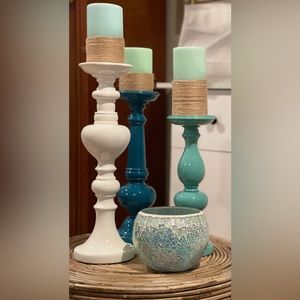 Turquoise decorative items, Candle holders, Mozaic Glass Bowl and candles.